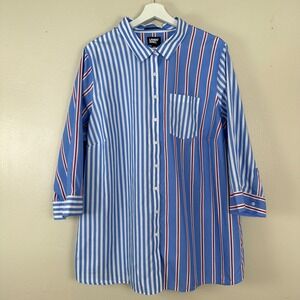 Lands' End Women's 22W Button Down Shirt Blue Striped No Iron Supima